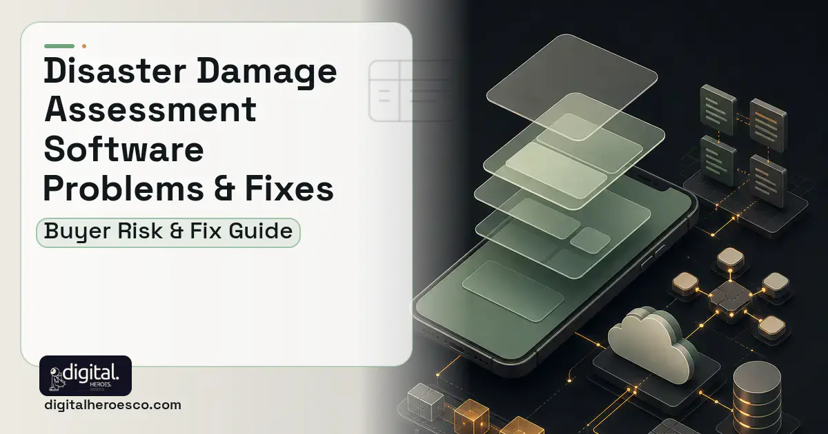 Disaster Damage Assessment Software product interface illustration showing common problems and fixes.