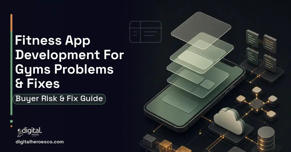 Fitness App Development FOR Gyms product interface illustration showing common problems and fixes.