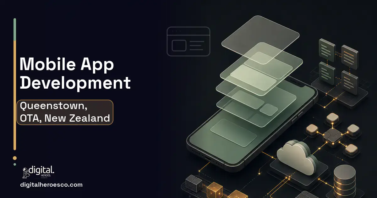 Mobile App Development product interface illustration for Queenstown, OTA, New Zealand.