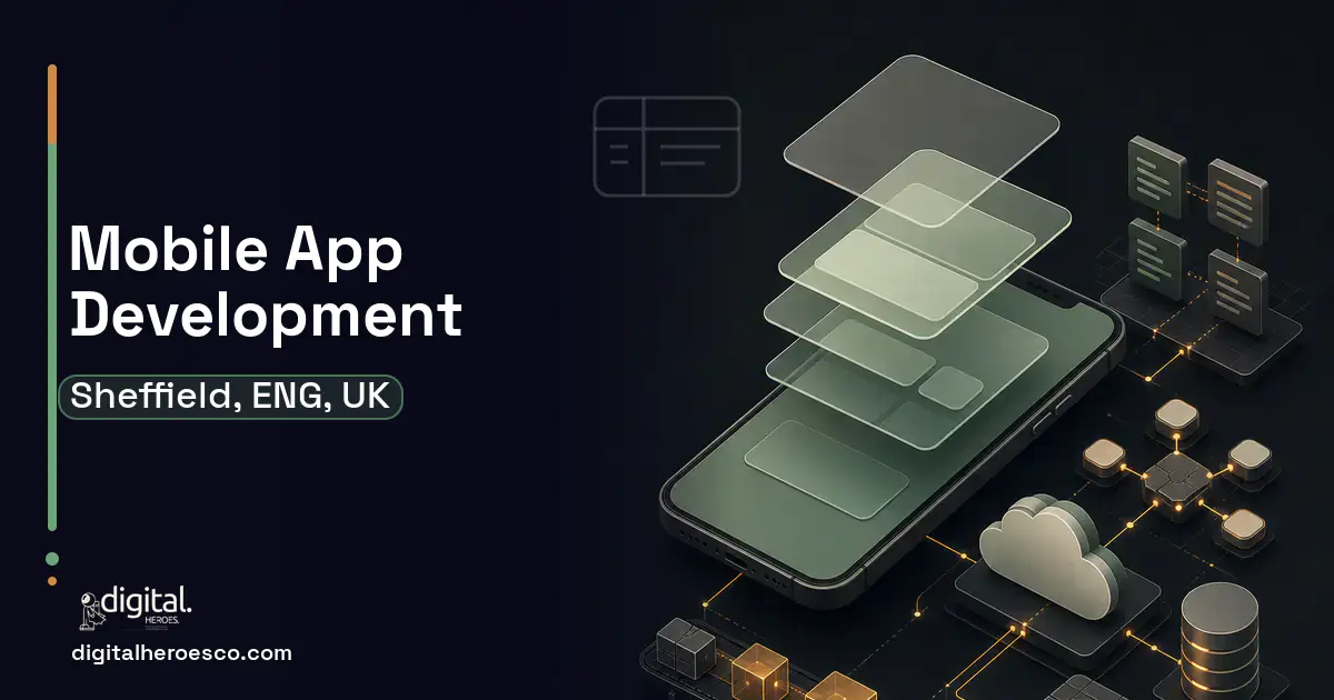 Mobile App Development product interface illustration for Sheffield, ENG, UK.