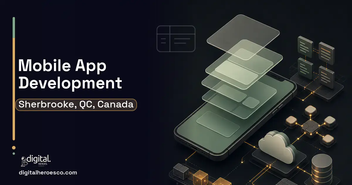 Mobile App Development product interface illustration for Sherbrooke, QC, Canada.