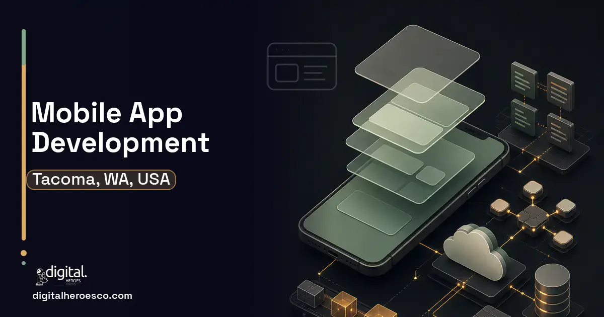 Mobile App Development product interface illustration for Tacoma, WA, USA.