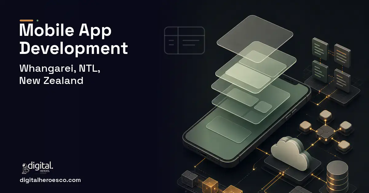Mobile App Development product interface illustration for Whangarei, NTL, New Zealand.