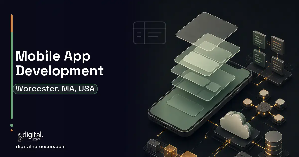 Mobile App Development product interface illustration for Worcester, MA, USA.