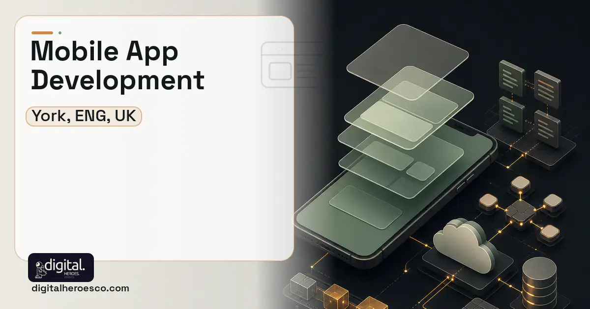 Mobile App Development product interface illustration for York, ENG, UK.