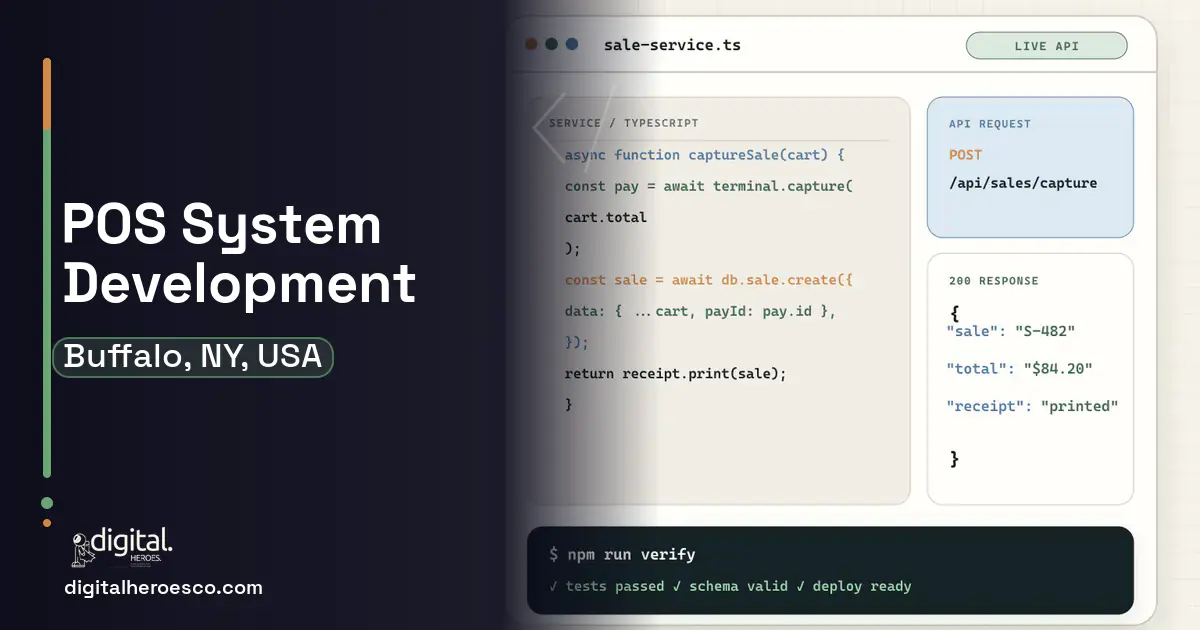 POS System Development code editor and API illustration for Buffalo, NY, USA.