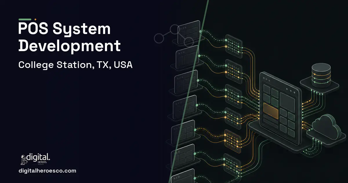 POS System Development workflow illustration for College Station, TX, USA.