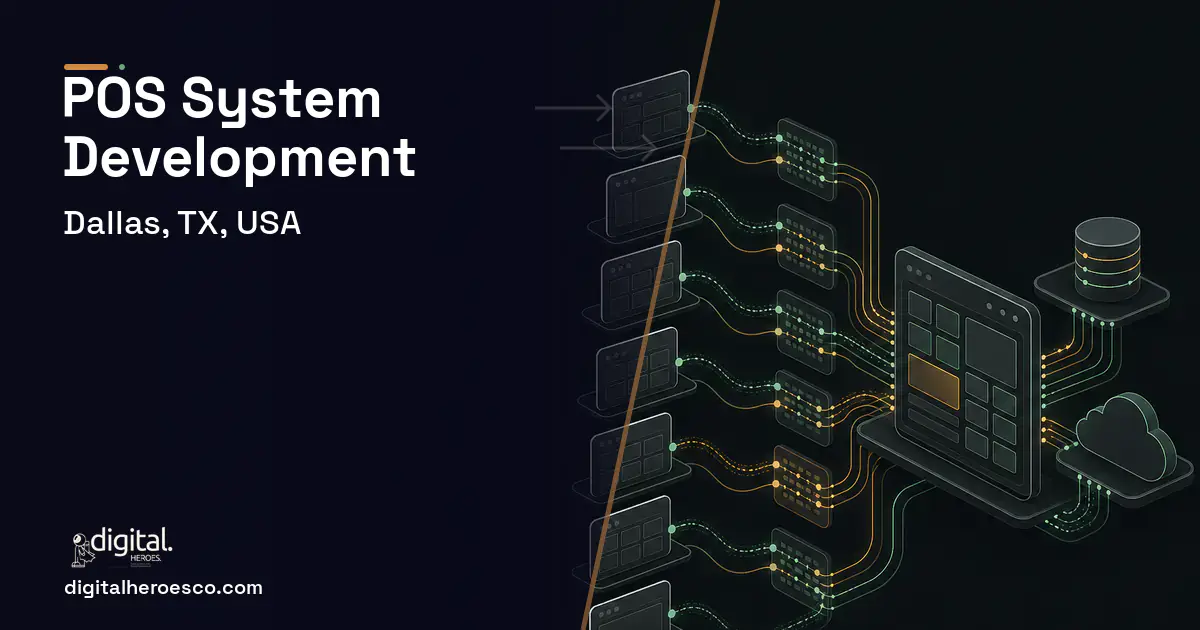 POS System Development workflow illustration for Dallas, TX, USA.