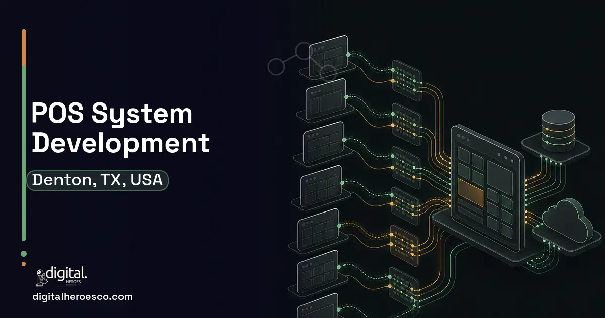 POS System Development workflow illustration for Denton, TX, USA.