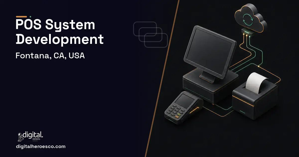 POS System Development software overview illustration for Fontana, CA, USA.