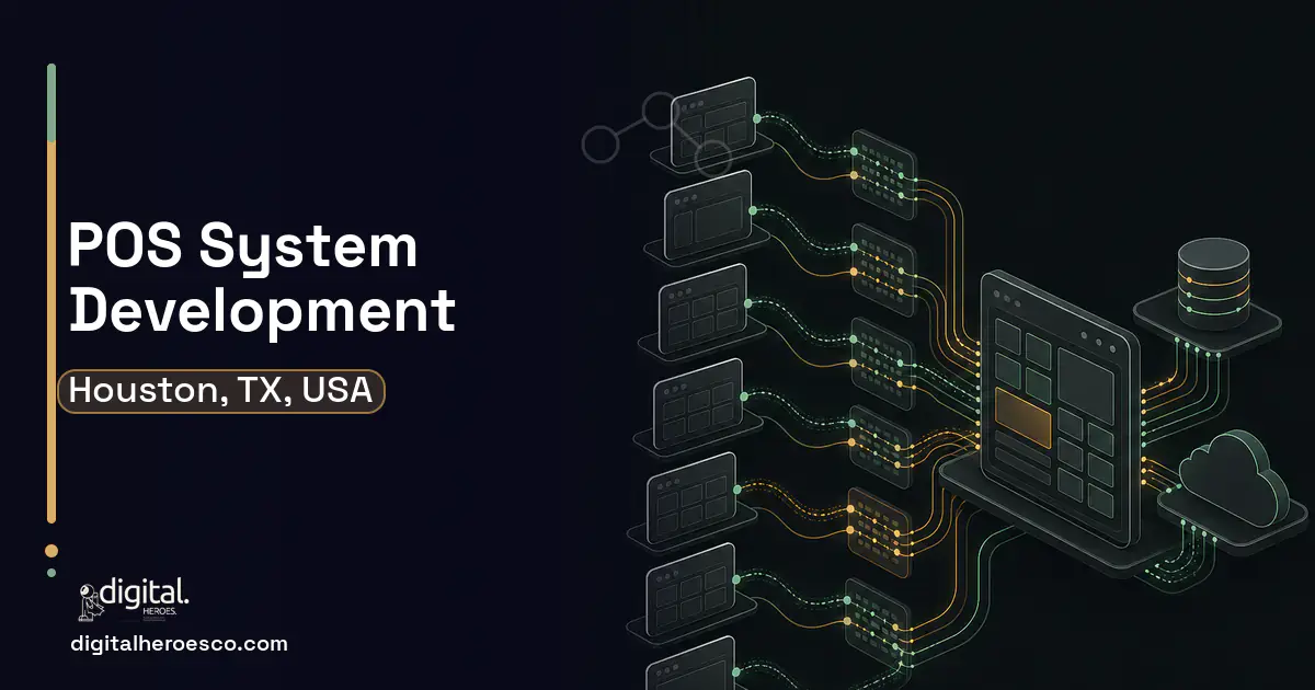 POS System Development workflow illustration for Houston, TX, USA.