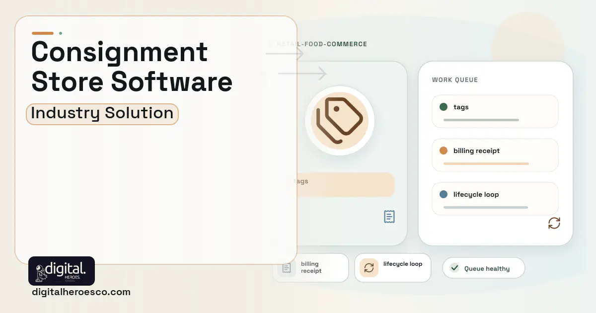 Consignment Thrift Store software visual showing tags, billing receipt, and lifecycle loop.