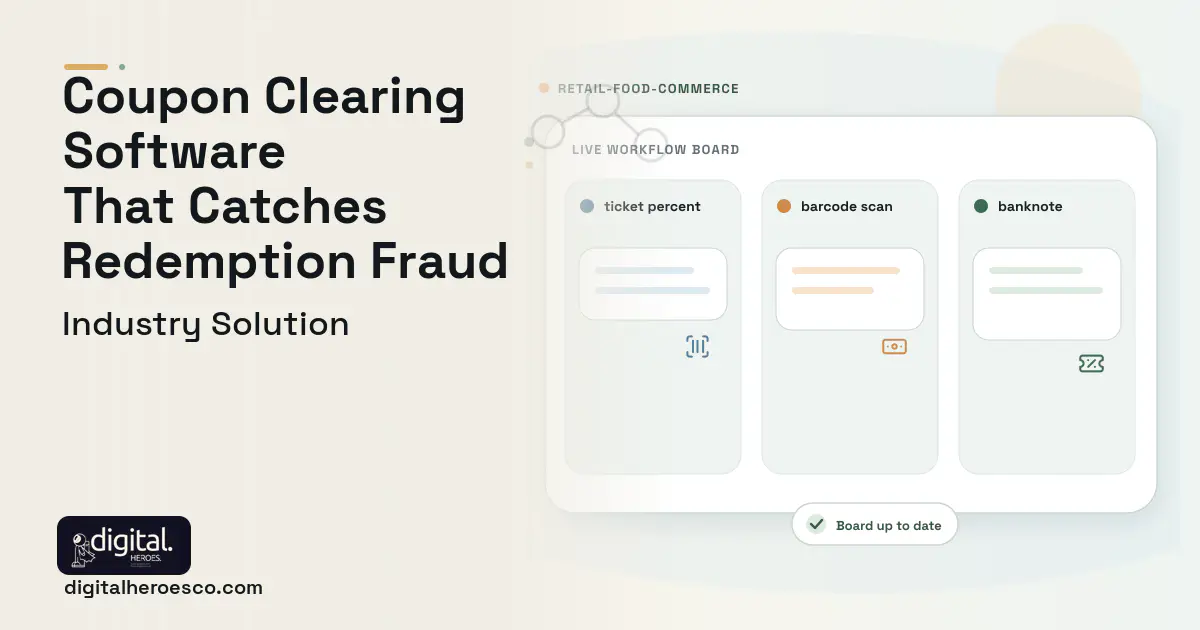 Coupon Offer Management software visual showing ticket percent, barcode scan, and banknote.