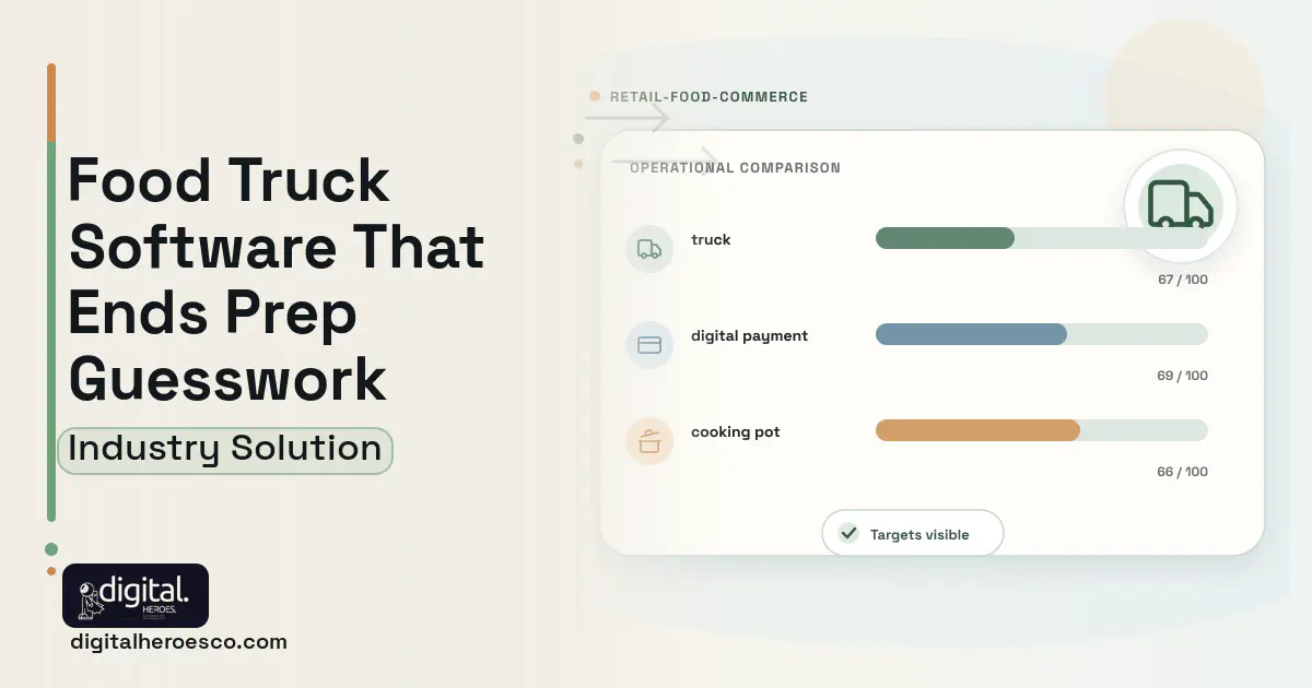 Food Truck software visual showing truck, digital payment, and cooking pot.