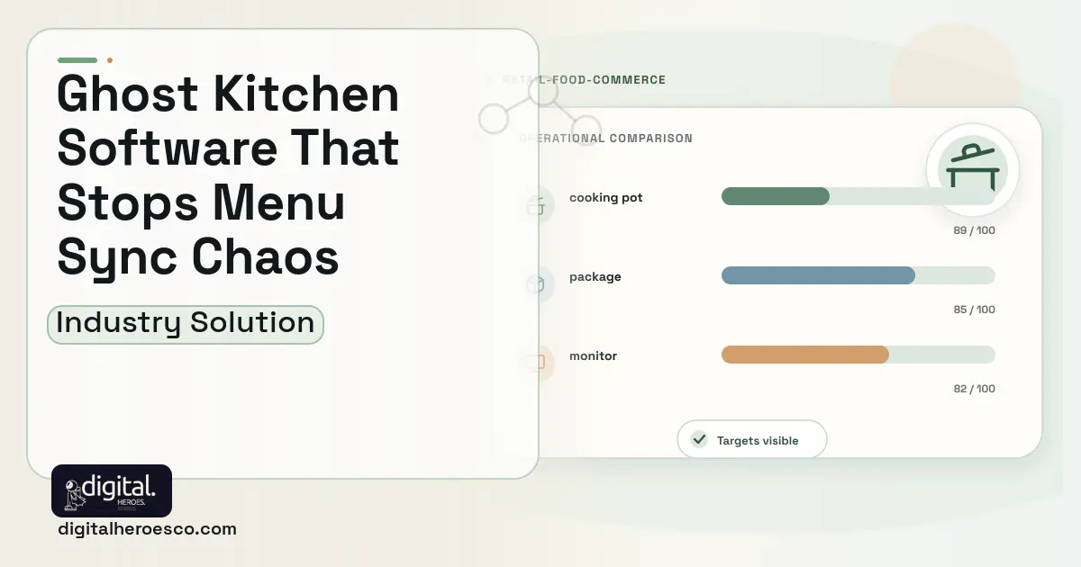 Ghost Kitchen software visual showing cooking pot, package, and monitor.