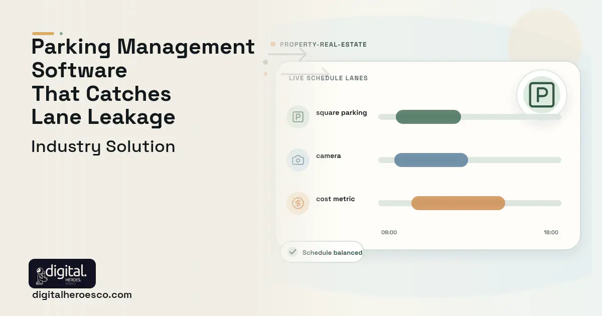 Parking Facility Management software visual showing square parking, camera, and cost metric.