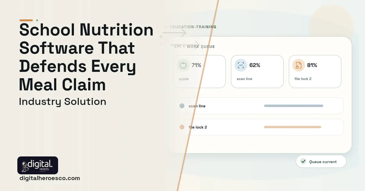 School Nutrition Management software visual showing apple, scan line, and file lock 2.