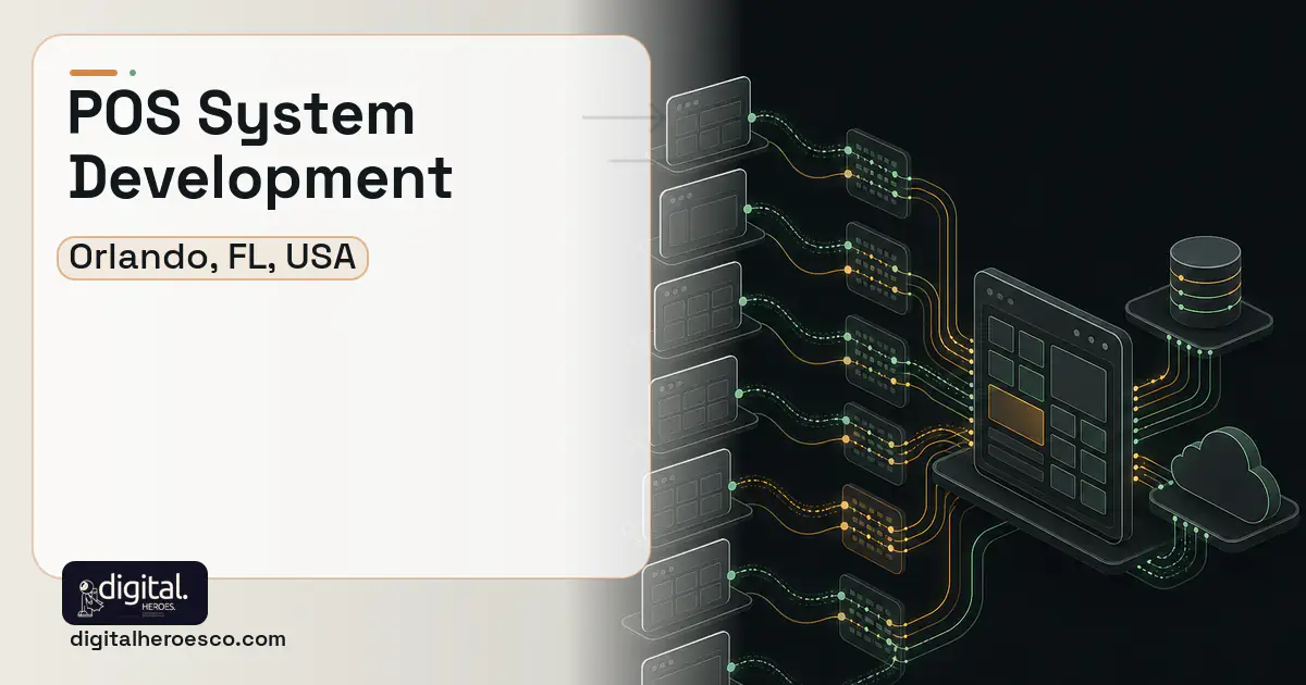 POS System Development workflow illustration for Orlando, FL, USA.