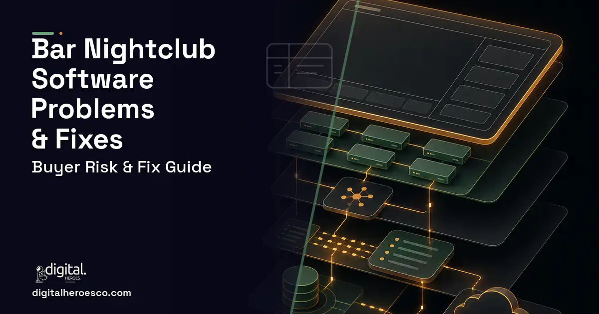 BAR Nightclub Software product interface illustration showing common problems and fixes.