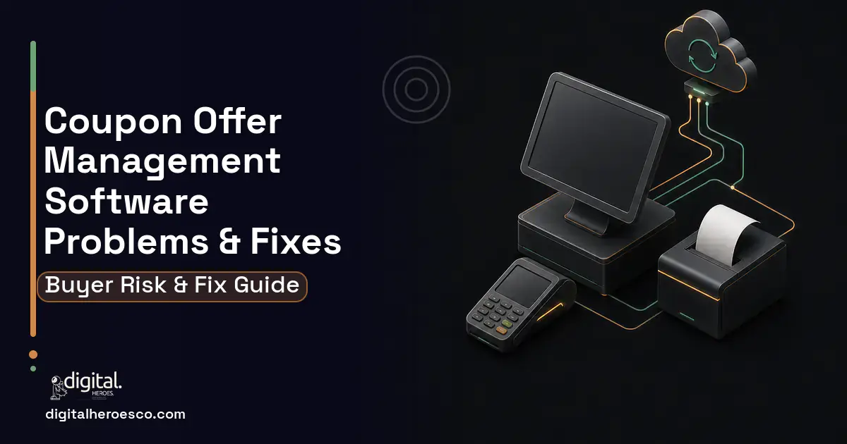 Coupon Offer Management Software software overview illustration showing common problems and fixes.