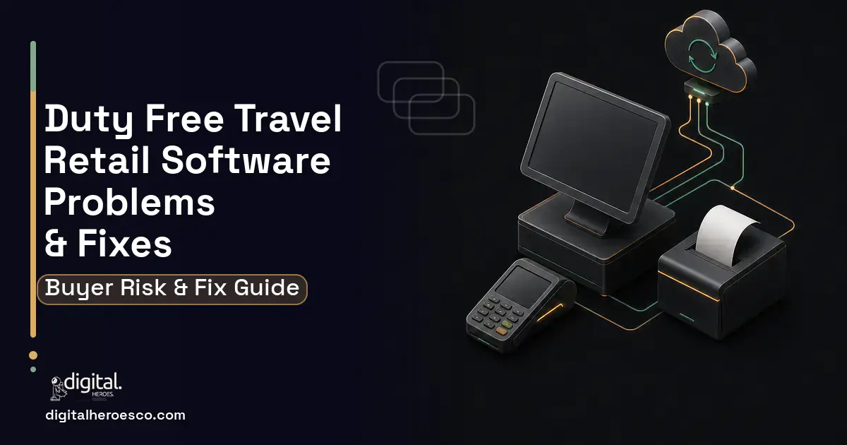 Duty Free Travel Retail Software software overview illustration showing common problems and fixes.