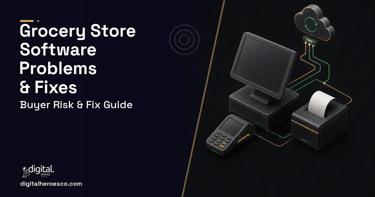 Grocery Store Software software overview illustration showing common problems and fixes.