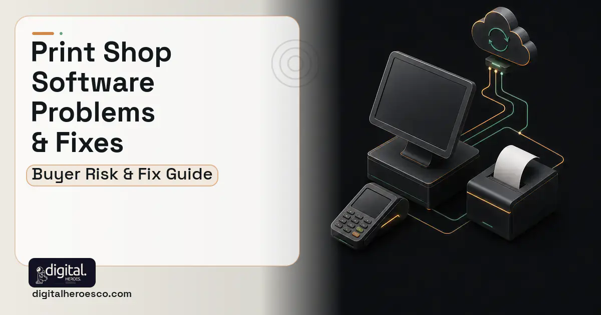 Print Shop Software software overview illustration showing common problems and fixes.