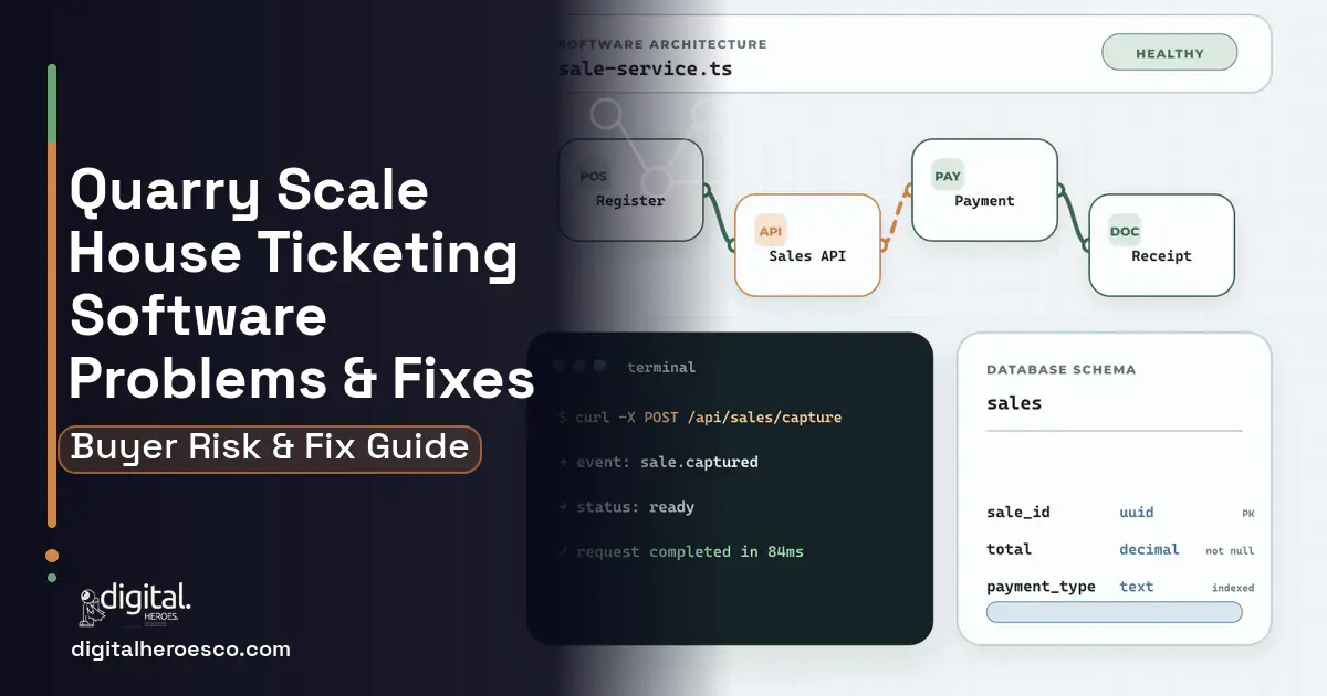 Quarry Scale House Ticketing Software architecture and database illustration showing common problems and fixes.