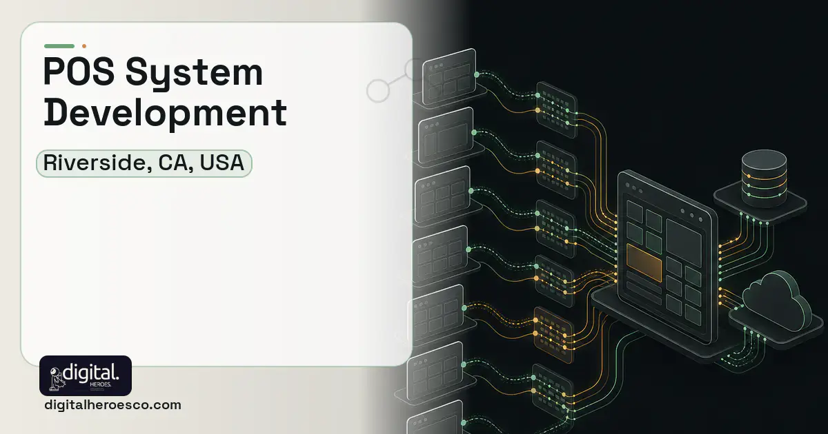 POS System Development workflow illustration for Riverside, CA, USA.