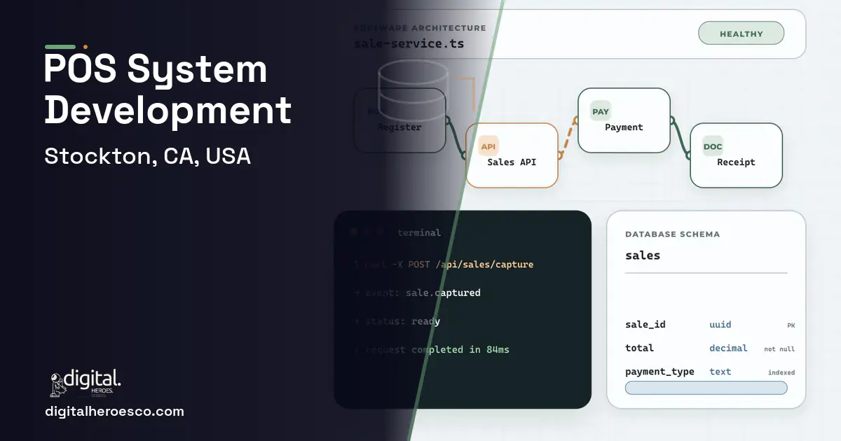 POS System Development architecture and database illustration for Stockton, CA, USA.