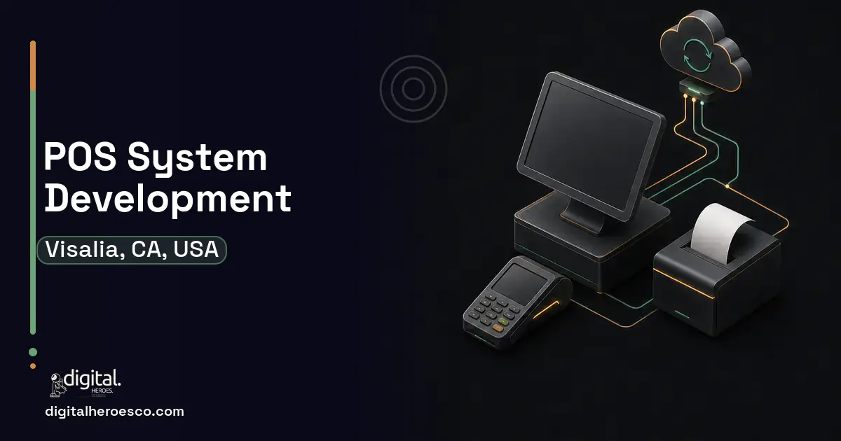 POS System Development software overview illustration for Visalia, CA, USA.