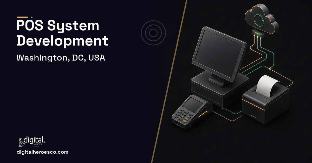 POS System Development software overview illustration for Washington, DC, USA.