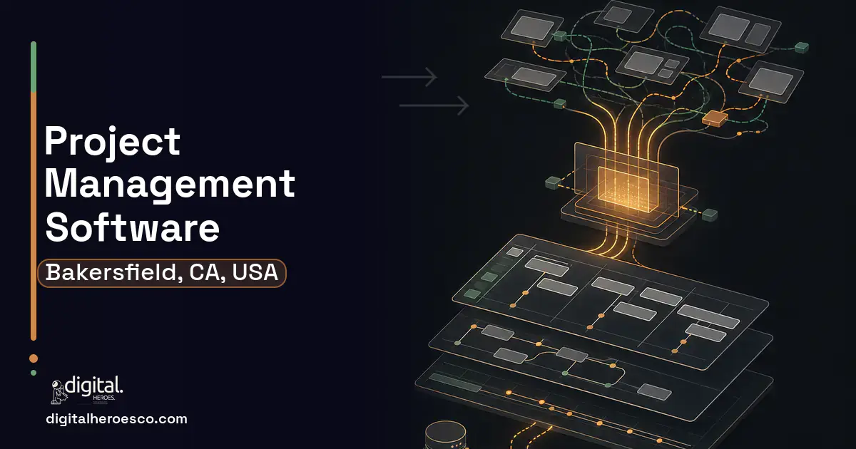 Project Management Software workflow illustration for Bakersfield, CA, USA.