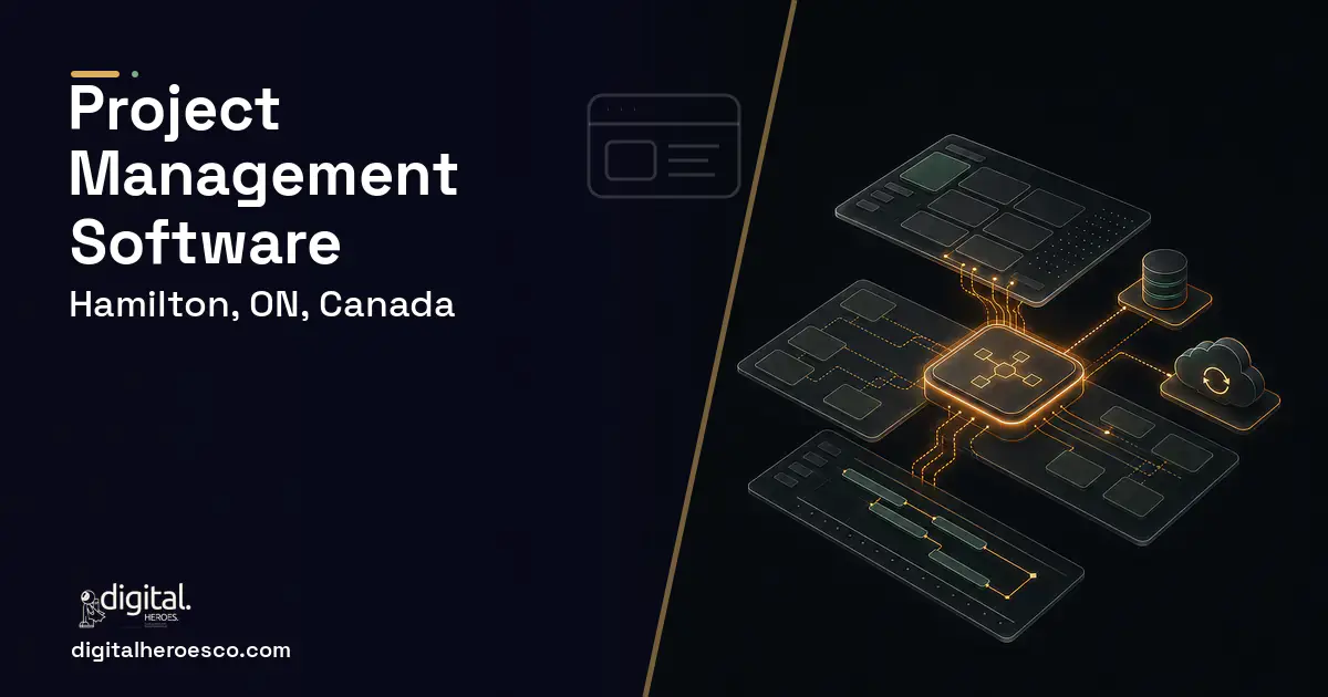 Project Management Software product interface illustration for Hamilton, ON, Canada.