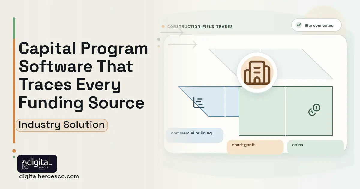 Capital Program Management software visual showing commercial building, chart gantt, and coins.