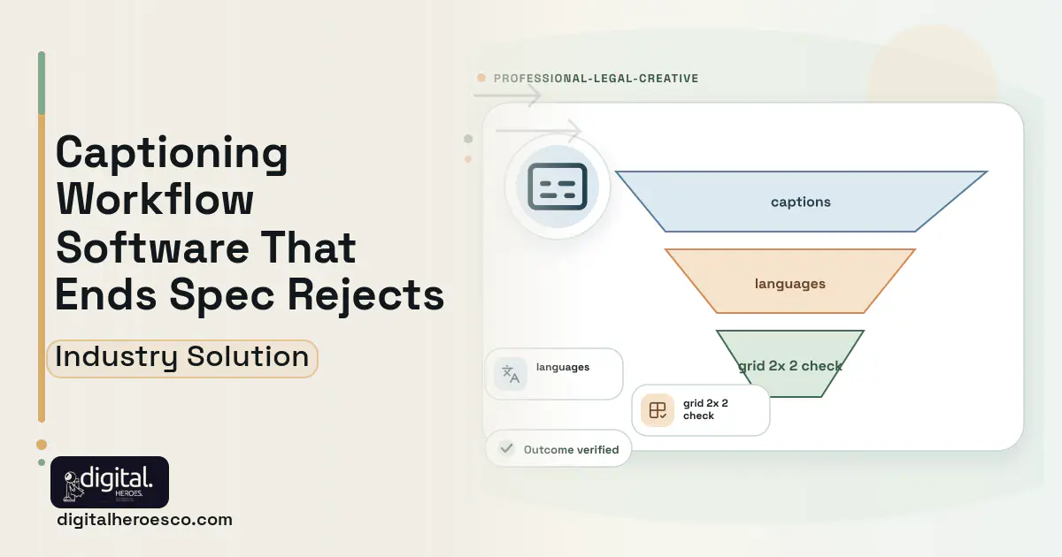 Closed Captioning Workflow software visual showing captions, languages, and grid 2x 2 check.
