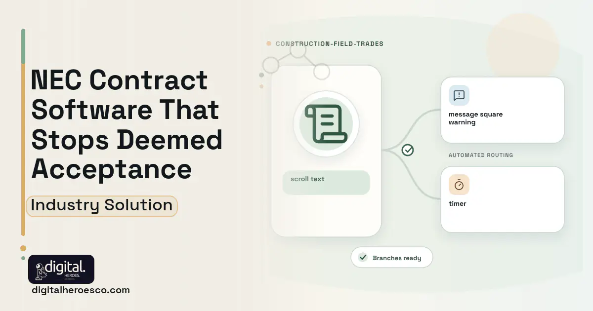Construction Contract Administration software visual showing scroll text, message square warning, and timer.