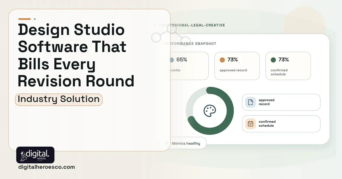 Design Studio software visual showing palette, approved record, and confirmed schedule.