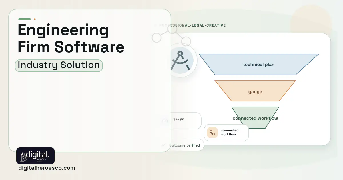 Engineering Firm software visual showing technical plan, gauge, and connected workflow.