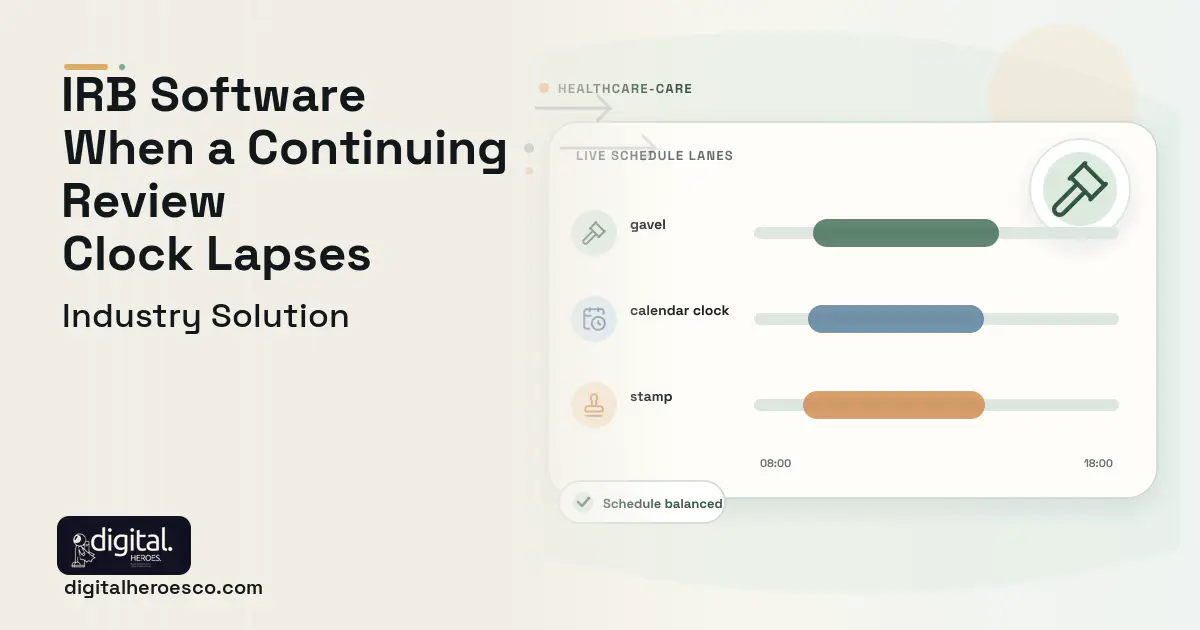 Irb Ethics Review Management software visual showing gavel, calendar clock, and stamp.