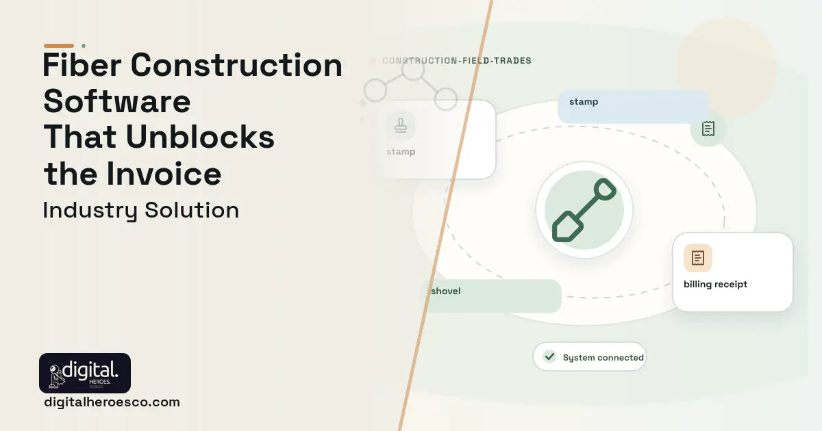 Outside Plant Construction Management software visual showing shovel, stamp, and billing receipt.