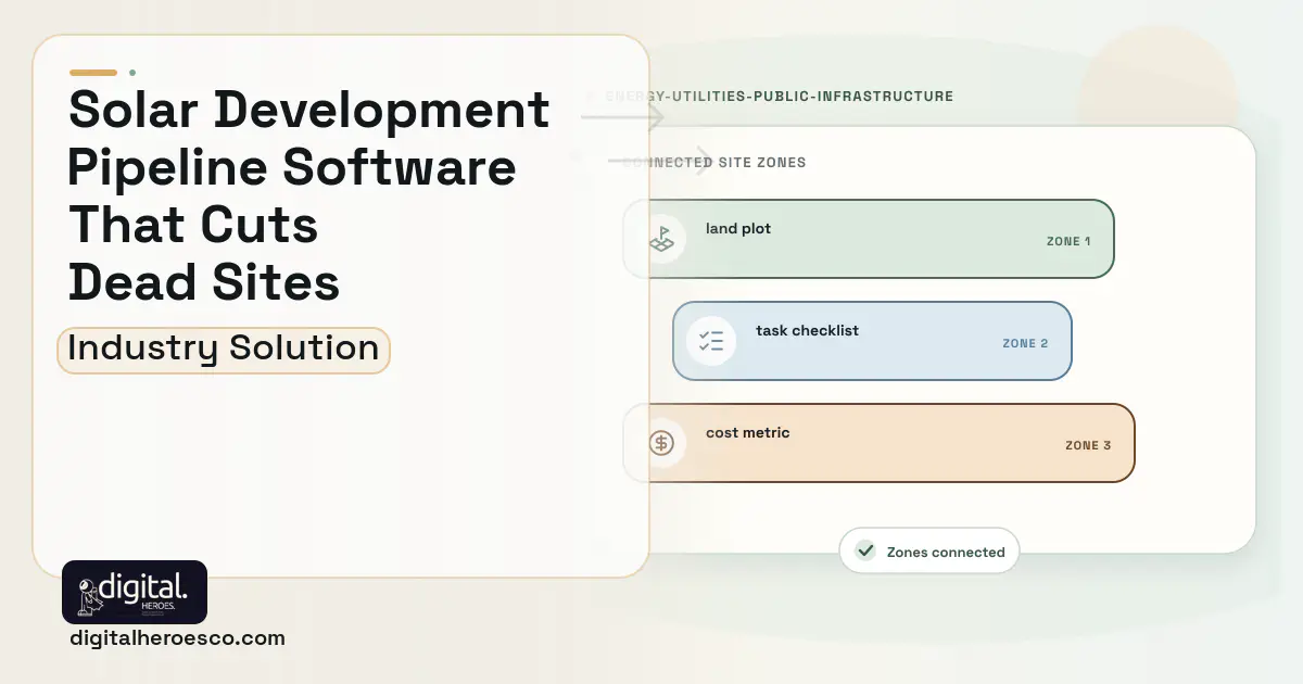 Renewable Project software visual showing land plot, task checklist, and cost metric.