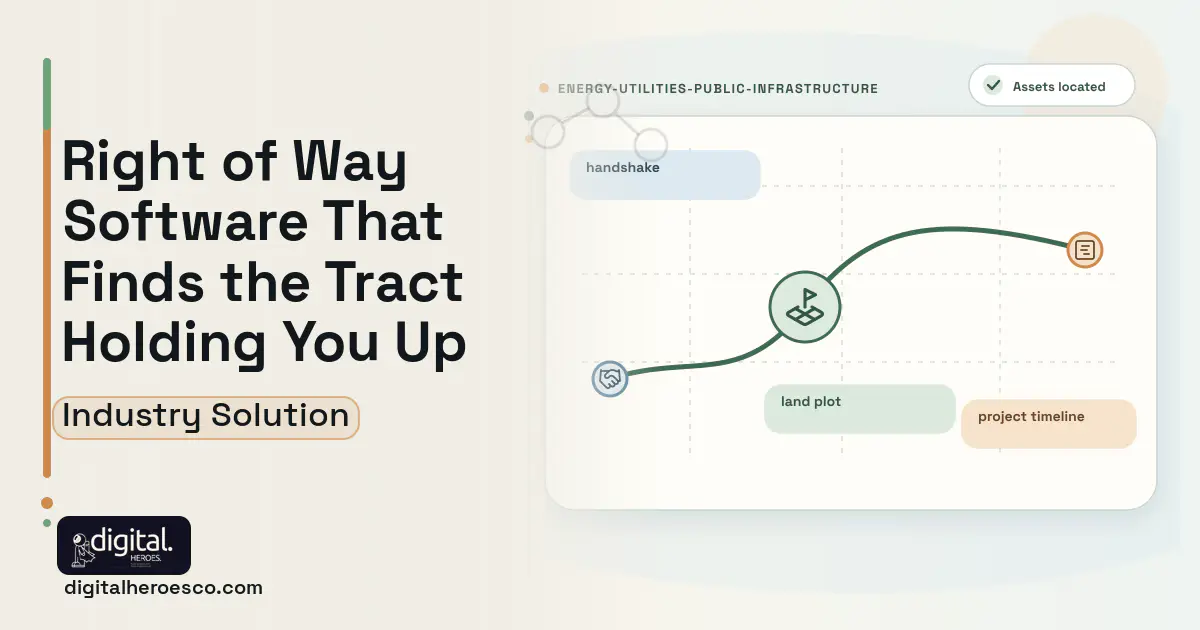 Right of Way Acquisition software visual showing land plot, handshake, and project timeline.
