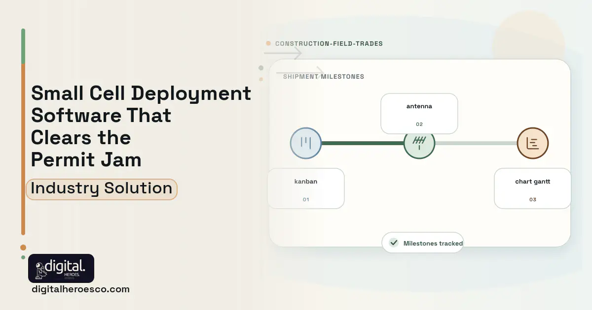 Small Cell Deployment software visual showing antenna, kanban, and chart gantt.