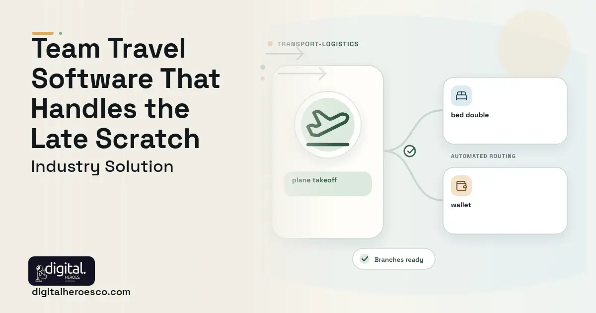 Team Travel Logistics software visual showing plane takeoff, bed double, and wallet.