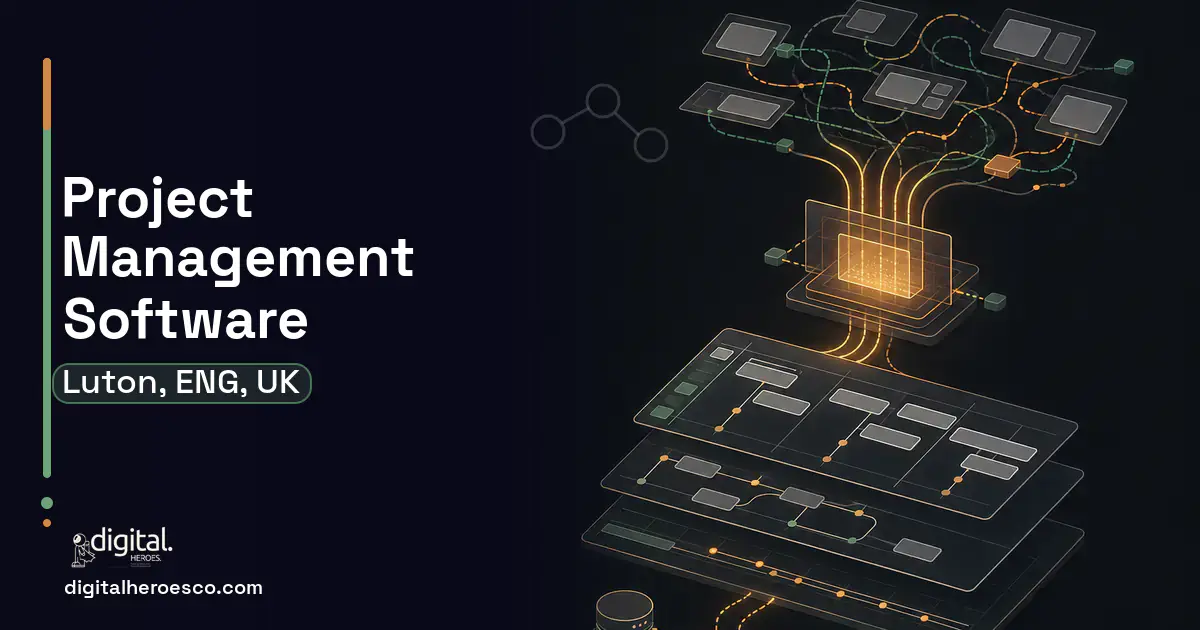 Project Management Software workflow illustration for Luton, ENG, UK.