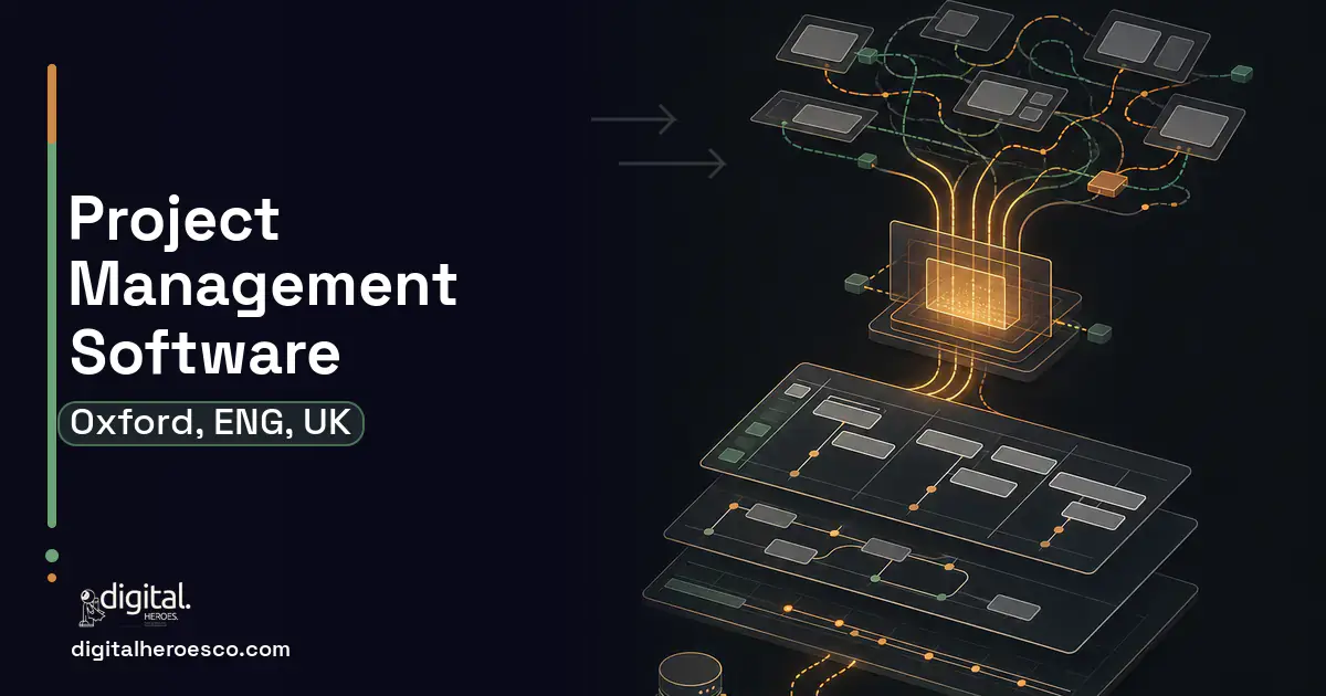 Project Management Software workflow illustration for Oxford, ENG, UK.