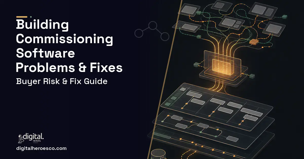 Building Commissioning Software workflow illustration showing common problems and fixes.