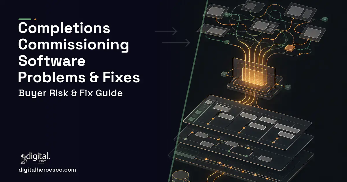 Completions Commissioning Software workflow illustration showing common problems and fixes.