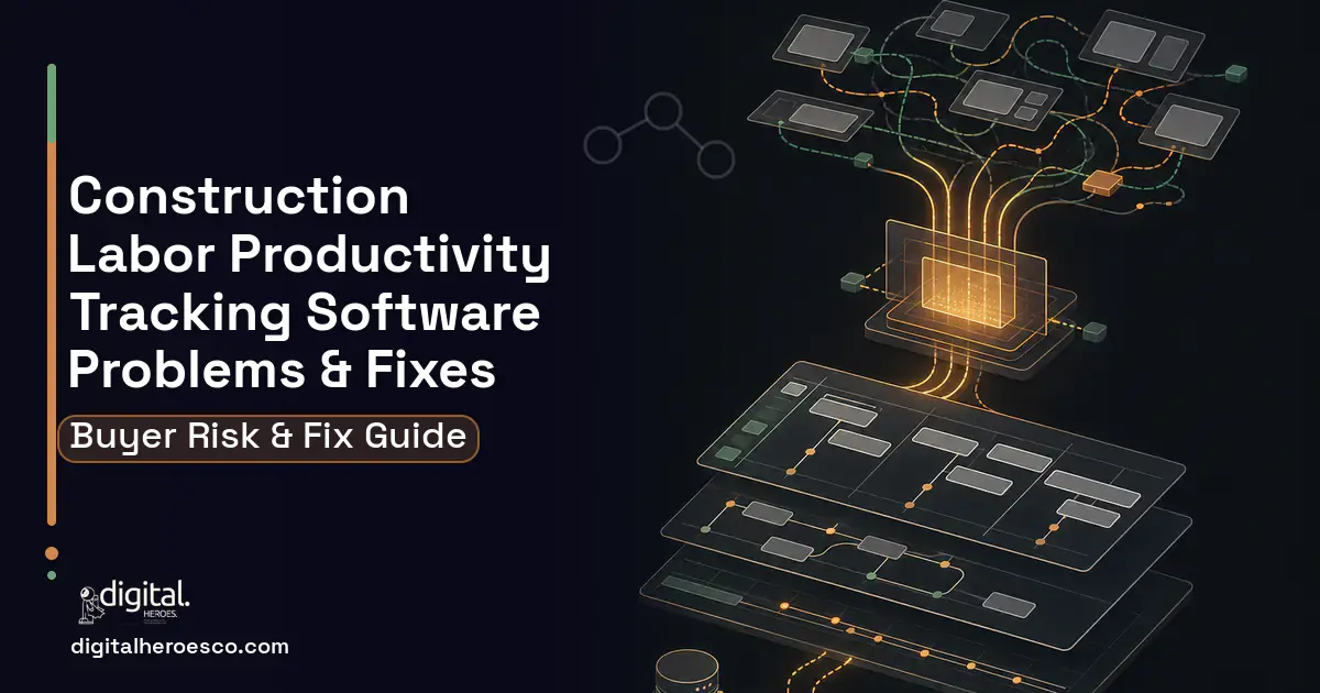 Construction Labor Productivity Tracking Software workflow illustration showing common problems and fixes.